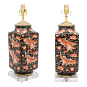 Pair of Contemporary Koi Fish & Butterfly Square Lamps on Acrylic Base