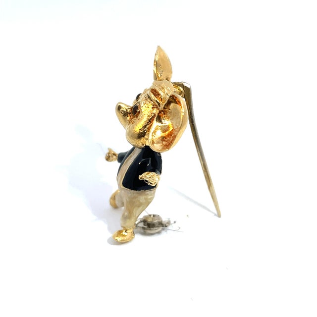 Mid 20th Century 18k Yellow Gold Enamel Coat Wearing Whimsical Mouse Brooch For Sale In New York - Image 6 of 8