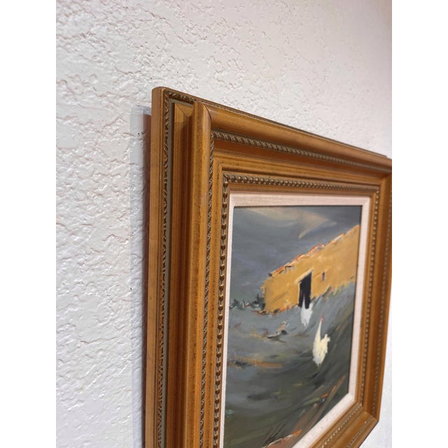 Contemporary Long, Long Way From Home by Jann T. Bass | Oil Painting of two white chickens near a barn For Sale - Image 3 of 4