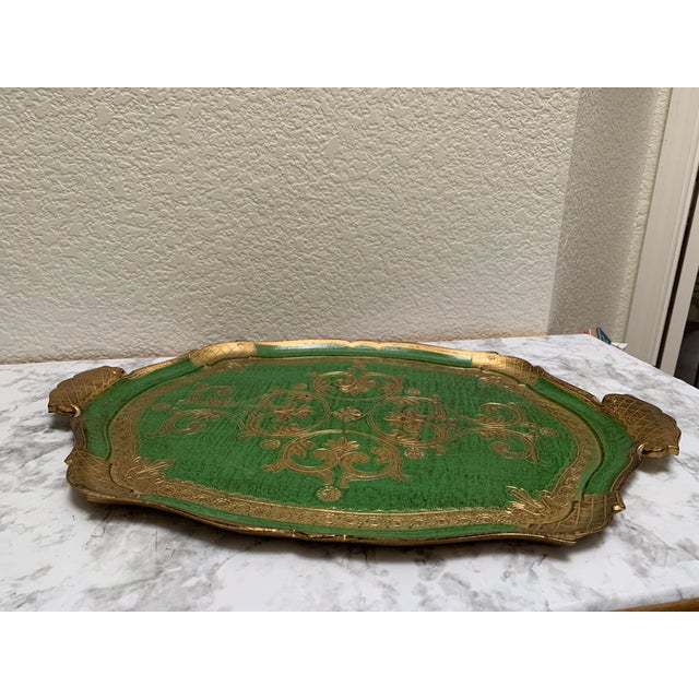Vintage emerald green and gold Florentine decor tray with ornate design handcrafted in Italy, 1960s.