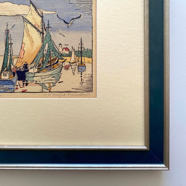 Robert Bruce Rogers Vintage 1932 " Drying Rigging, Provincetown " Waterfront Seascape Framed Original Signed Fine Art Woodblock Print For Sale - Image 12 of 14