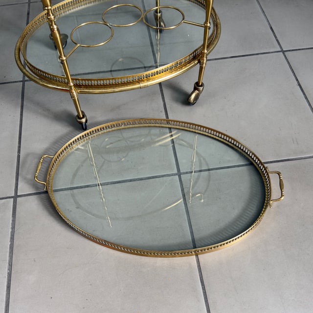 Vintage Brass Glass Food Cart in the style of Maison Jansen, 1960s For Sale - Image 9 of 15