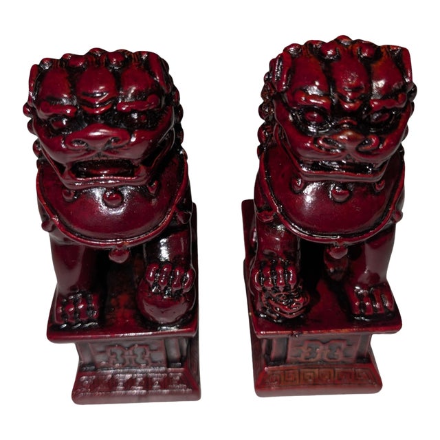 Pair of Vintage Cinnabar Chinese Guardian Lions or Foo Dogs For Sale