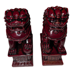 Pair of Vintage Cinnabar Chinese Guardian Lions or Foo Dogs