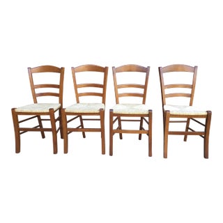 Set of Four Late 20th Century Italian Country Cherry and Rush Seat Dining Chairs For Sale