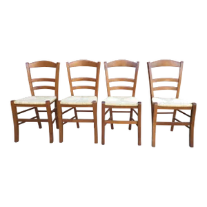 Set of Four Late 20th Century Italian Country Cherry and Rush Seat Dining Chairs