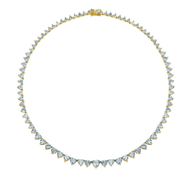 Nina Zhou 20.40ct Heart Aquamarine Riviera Graduated Tennis Necklace in 14k Gold For Sale