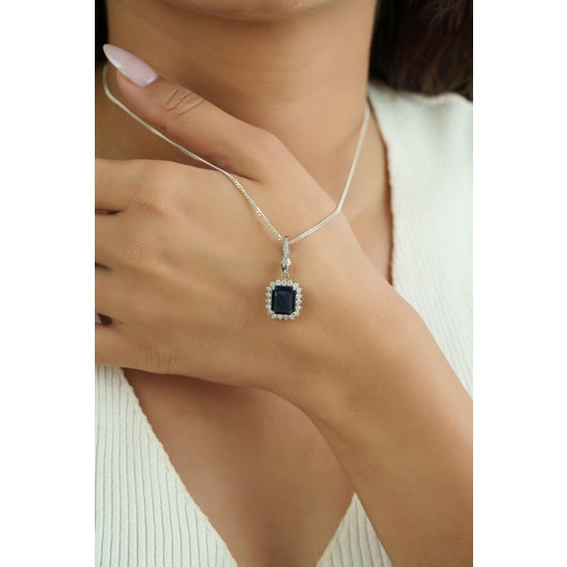 Not Yet Made - Made To Order 2.57ct Blue Sapphire & Diamond Halo Pendant With Hinged Locking Bail in 14k Gold- A Pair For Sale - Image 5 of 14