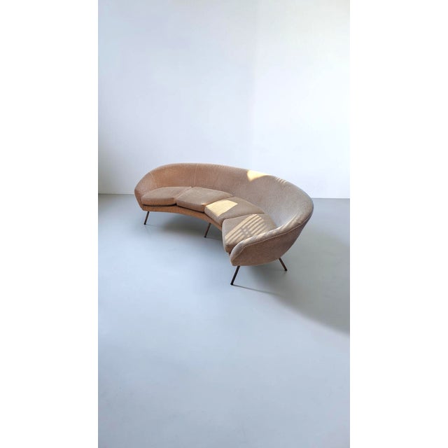 Large Curved Fabric Sofa with Brass Legs, Italy, 1950s For Sale - Image 4 of 10