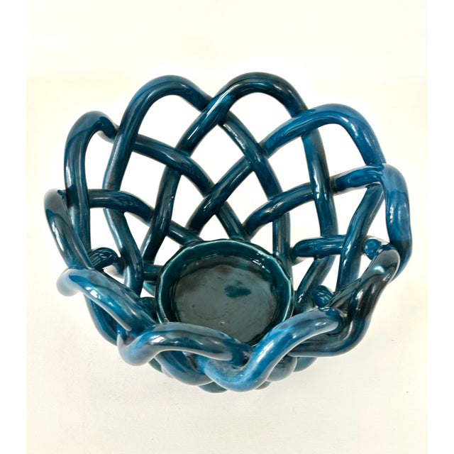 Hand Crafted Cerluean Blue Twisted Pottery Bowl For Sale - Image 9 of 16