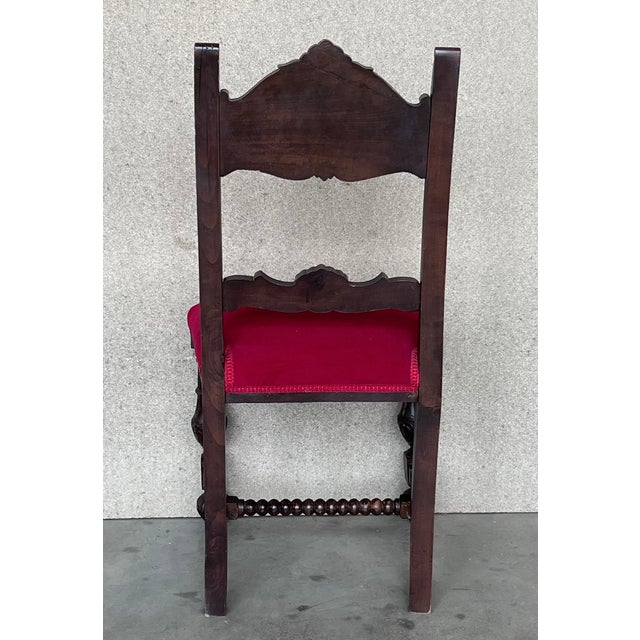 19th Century Set of Six French Carved Walnut Turned Wood Chairs With Velvet Seat For Sale - Image 6 of 13