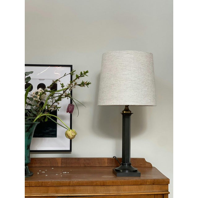 Neoclassical Metal Table Lamp in Column form. Sweden, 1930s. Atelier made lamp shade in cashmere is included. Great...