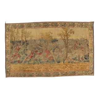 17th Century Fine Brussels Tapestry, Silk Wool, Green, Blue, Red, Battle Scene For Sale