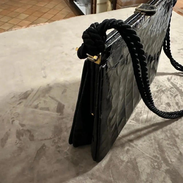 1970s High Quality Black Leather and Rope Italian Cross Body Bag For Sale - Image 9 of 13