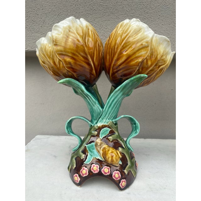Pair of French Majolica Flowers Vases & Snails Choisy Le Roi, Circa 1890.