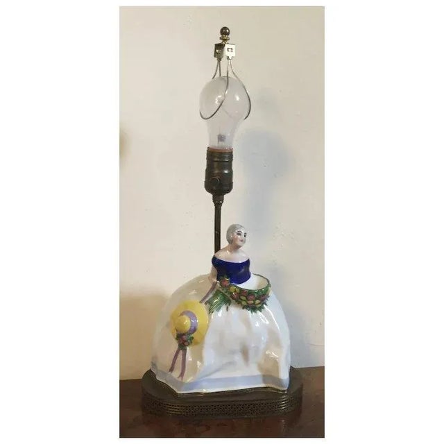 French Art Deco 1920's Porcelain Perfume Burner in the Form of a Lady of the Antebellum South Mounted as a Table Lamp Signed Gazan For Sale - Image 13 of 13