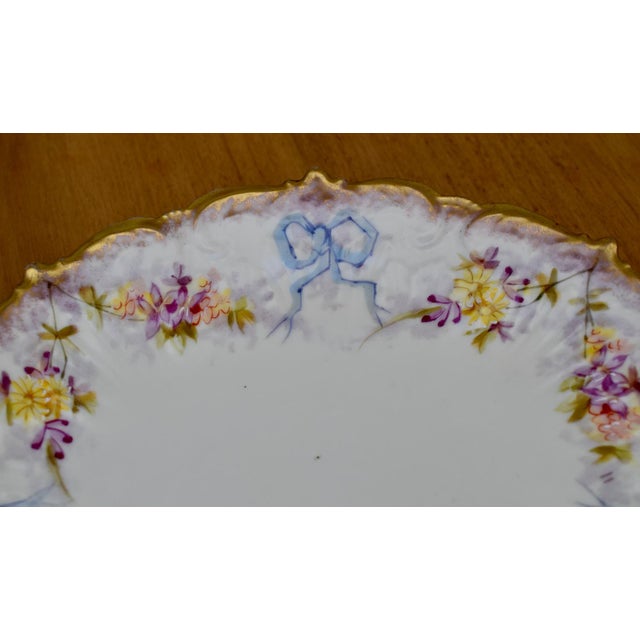 French Antique Limoges French Porcelain Plate Floral Garlands Blue Bows Ribbons Gilt For Sale - Image 3 of 16