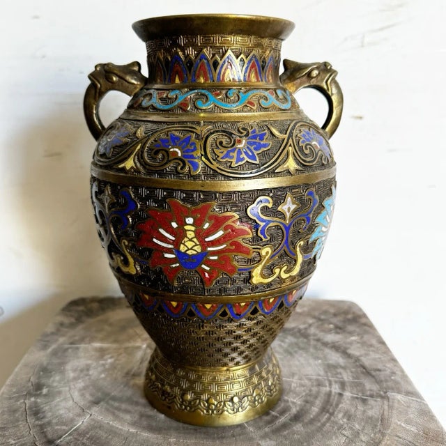 Antique Japanese Brass Enameled Chapleve Vase For Sale - Image 4 of 6