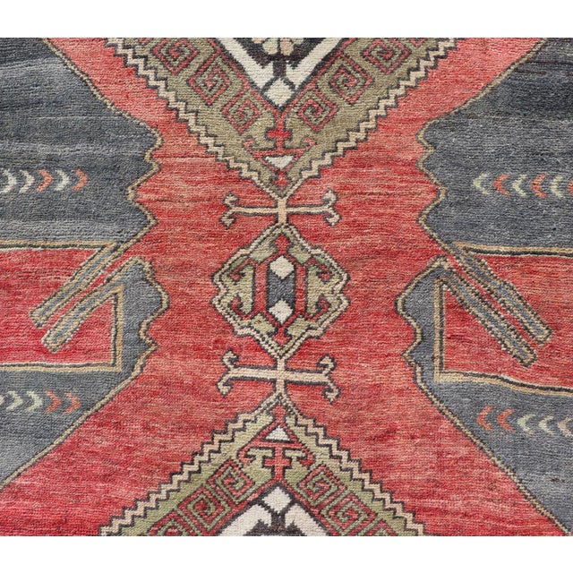 Textile Red Field Vintage Turkish Oushak Gallery Runner With a Geometric Design 4'7" X 12'8" For Sale - Image 7 of 12