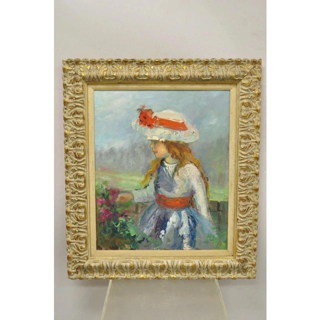 Mid 20th Century Zaza Meuli (B. 1892) Oil on Canvas Impressionist Painting Girl in Hat Orange Bow For Sale - Image 9 of 12