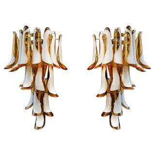 Vintage Italian Murano Wall Lights with 16 Caramel and Lattimo Glass Petals, 1979, Set of 2 For Sale