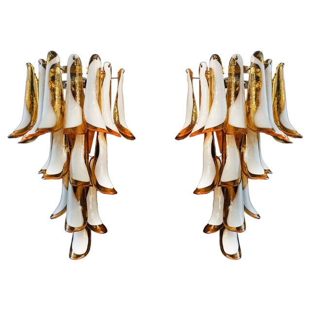 Vintage Italian Murano Wall Lights with 16 Caramel and Lattimo Glass Petals, 1979, Set of 2 For Sale