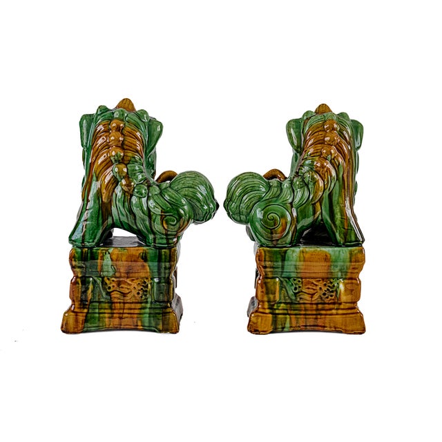 Mid-Century Modern Rare Mid-Century Modern Chinese Ceremic Food Dogs in Vibrant Sancai-Style Green & Amber Drip Glaze For Sale - Image 3 of 12