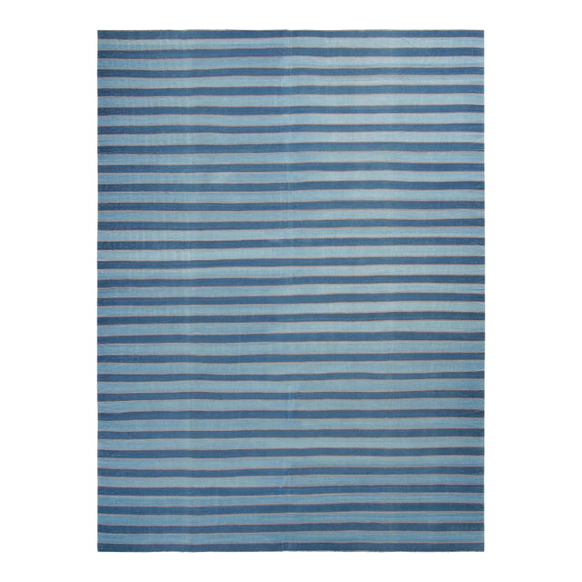 Vintage Dhurrie Rug With Navy and Sky Blue Stripes, Pink Accents - Rug & Kilim For Sale