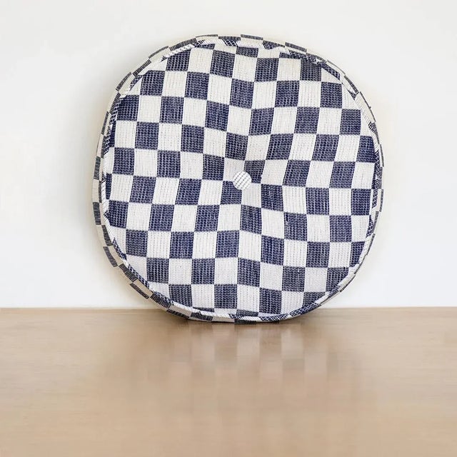 Textile Blue Checkered Circle Pillow For Sale - Image 7 of 7
