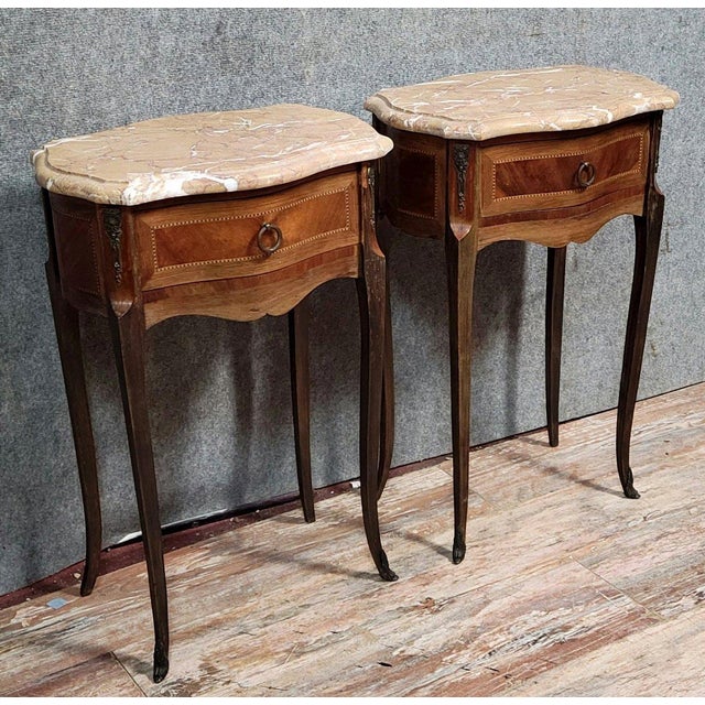 Pair of small Louis XV style ceremonial tables in marquetry circa 1900 marble top with an irregular shape 1 drawer in the...