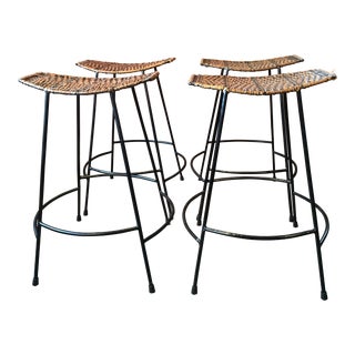 Arthur Umanoff Wrought Iron & Wicker Counter Height Bar Stools - Set of 4 For Sale