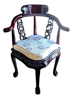 1940s Rosewood Oriental Corner Chair & Chinese Silk Cushion Flowers of the Four Season