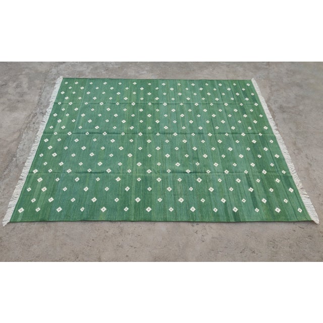 Handmade Cotton Rug, Forest Green with White Diamonds and Cream Fringe - 8'x10' For Sale - Image 10 of 10