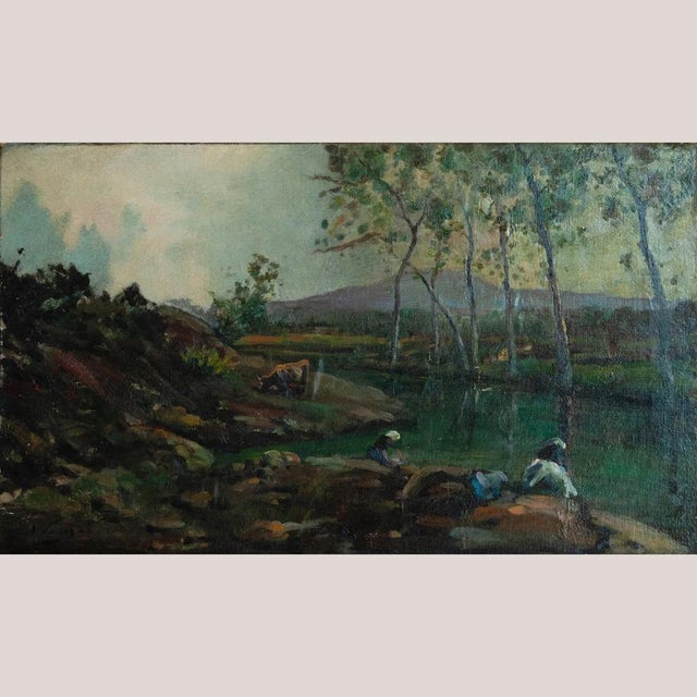 Joaquim Vayreda Y Vila, Barbizon School Women Washing by the Riverbank, 1800s, Oil on Canvas For Sale - Image 7 of 7