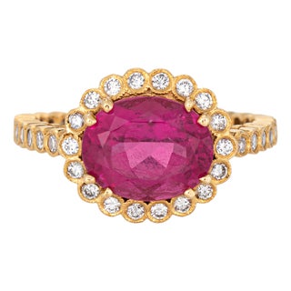 Pink Tourmaline Diamond Ring Sz 7 Estate 18k Yellow Gold Oval Cut Jewelry For Sale