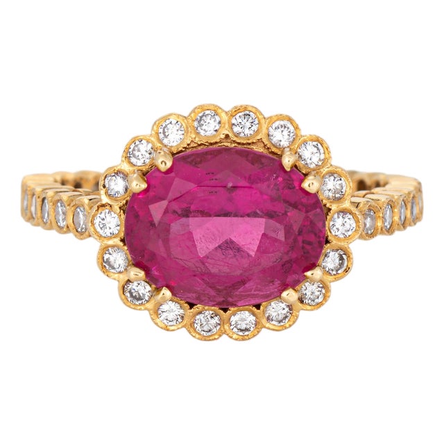 Pink Tourmaline Diamond Ring Sz 7 Estate 18k Yellow Gold Oval Cut Jewelry For Sale