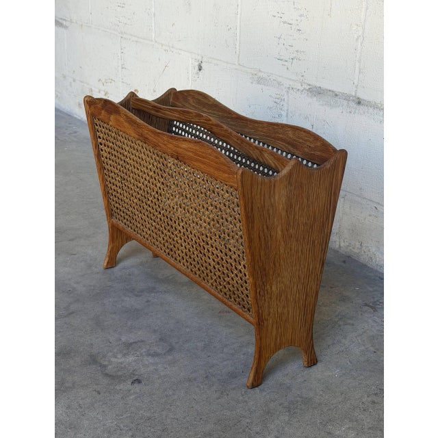 Vintage Danish Modern Oak & Cane Magazine Rack Newspaper Holder For Sale - Image 4 of 9