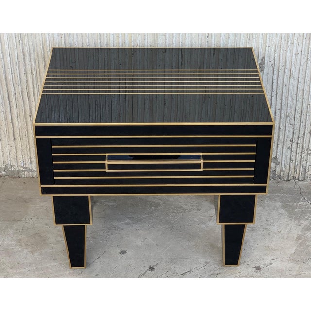 New Pair of Mirrored Low Nightstand in Black Mirror and Chrome with Drawer For Sale - Image 16 of 18