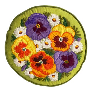 Pansy Embroidered Round Pillow Colorful Avocado Green Crewel Kit 60s 70s Retro Kitsch For Sale
