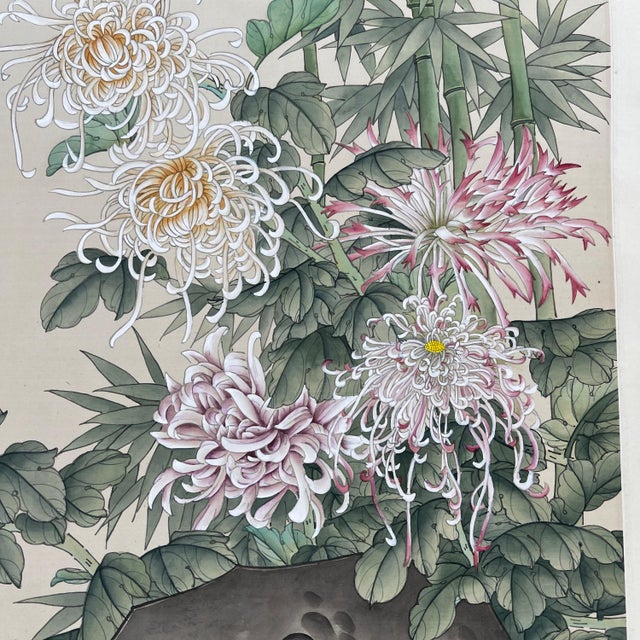 Textile 34” x 23” hand-painted silk panel // pair of quail and Chinese chrysanthemums with silk brocade border // vintage artwork // Chinoiserie For Sale - Image 7 of 8