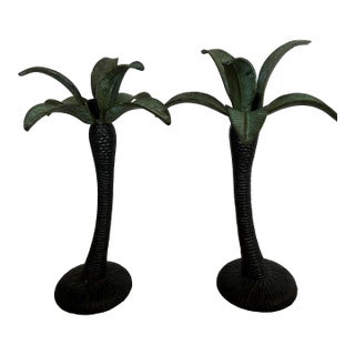 Pair of Vintage Verdigris Palm Tree Candlesticks – Rare Tropical Elegance, 12” Tall For Sale