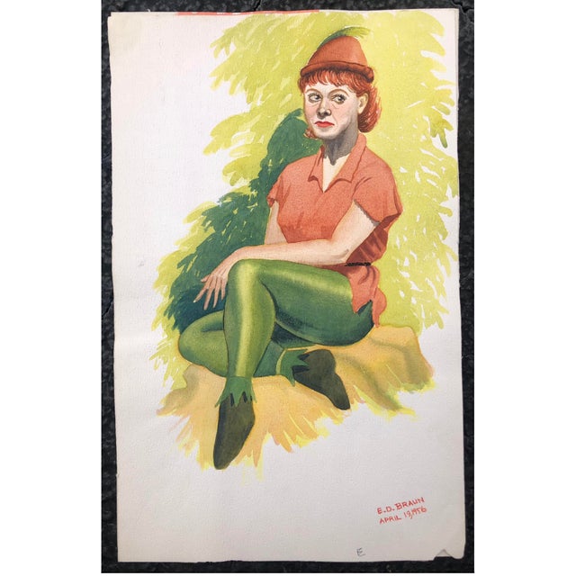 Watercolor by E.D. Braun of a lady wearing a Peter Pan costume, signed and dated 1956 lower right.