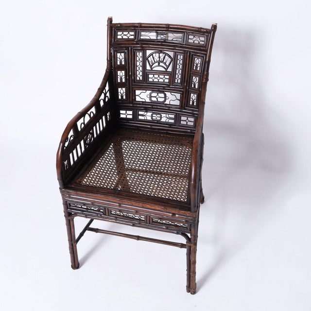 Chinese Export Bamboo and Rattan Pair of Chairs and Stand For Sale - Image 9 of 15
