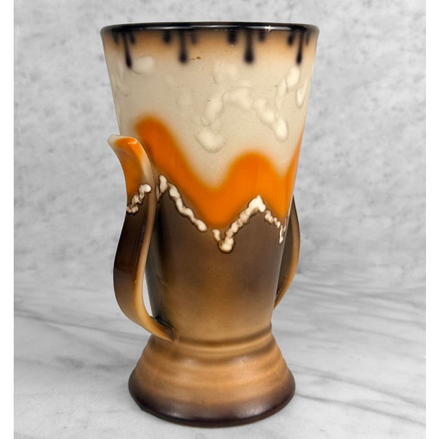 Mid-Century Art Deco Czech Pottery Orange Brown Mountain Glazed Vase For Sale - Image 4 of 9