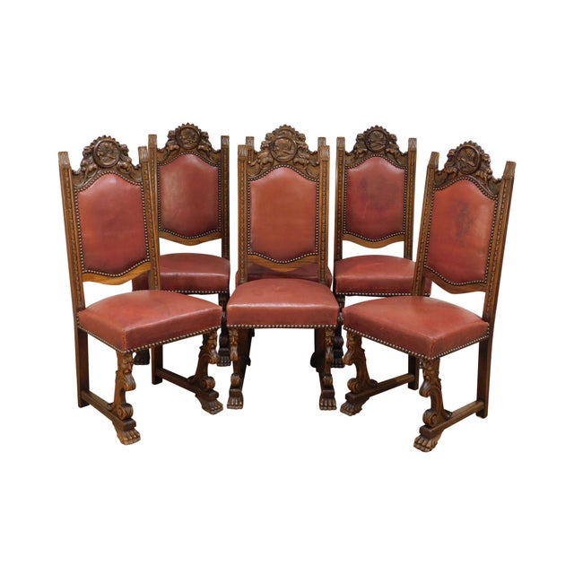 Spanish Renaissance Revival Antique Set 6 Carved Walnut Conquistador