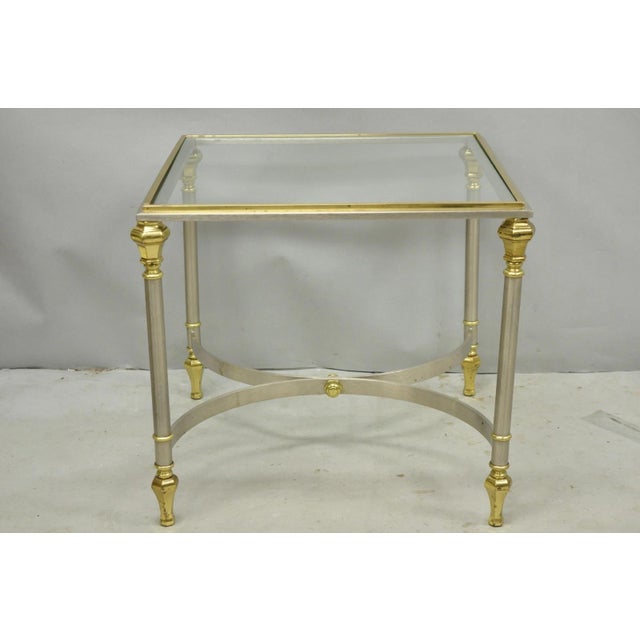 Traditional Vintage French Directoire Maison Jansen Style Steel Brass Low Square Side Table For Sale - Image 3 of 17