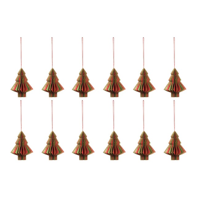 Transitional Miriam Paper Deco Tree Ornaments, Gold/Red/Green, Set of 12, 5" For Sale - Image 3 of 3