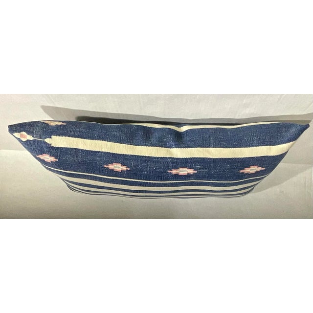 Beautiful pillow made of handwoven flat-weave antique Indian Durie textile on both side ,with indigo pink and cream colors...