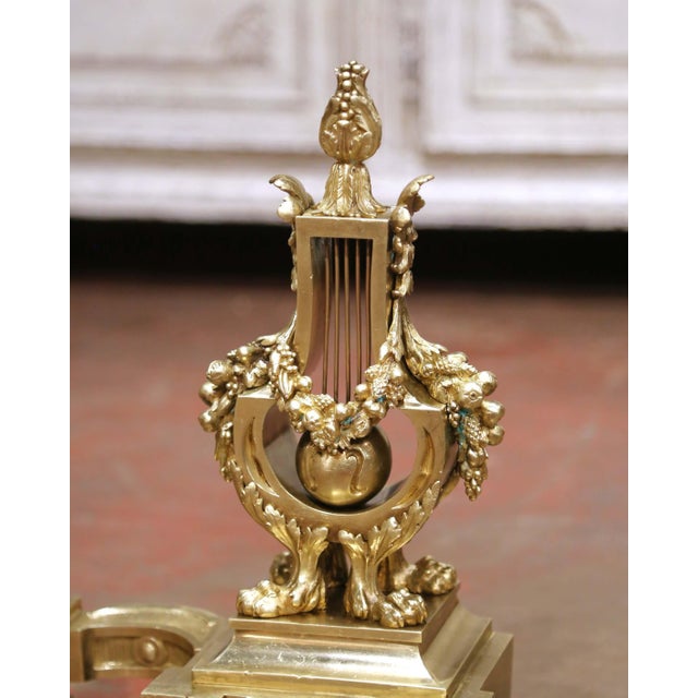Pair of 19th Century French Louis XVI Bronze Lyre Form Chenets Andirons For Sale - Image 4 of 10