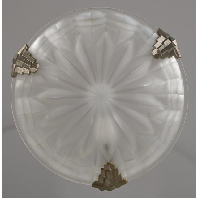 Silver Maynadier & Degue French Art Deco 3-Armed Chandelier - 1930s Nickeled Bronze & Frosted Glass For Sale - Image 8 of 18